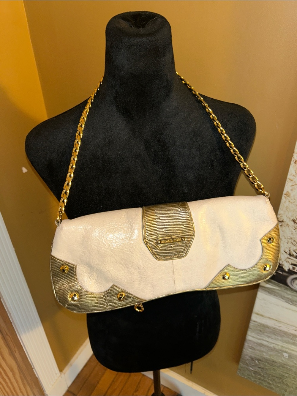 Michael Kors Metallic Gold White Leather Chain Shoulder Bag Clutch Purse